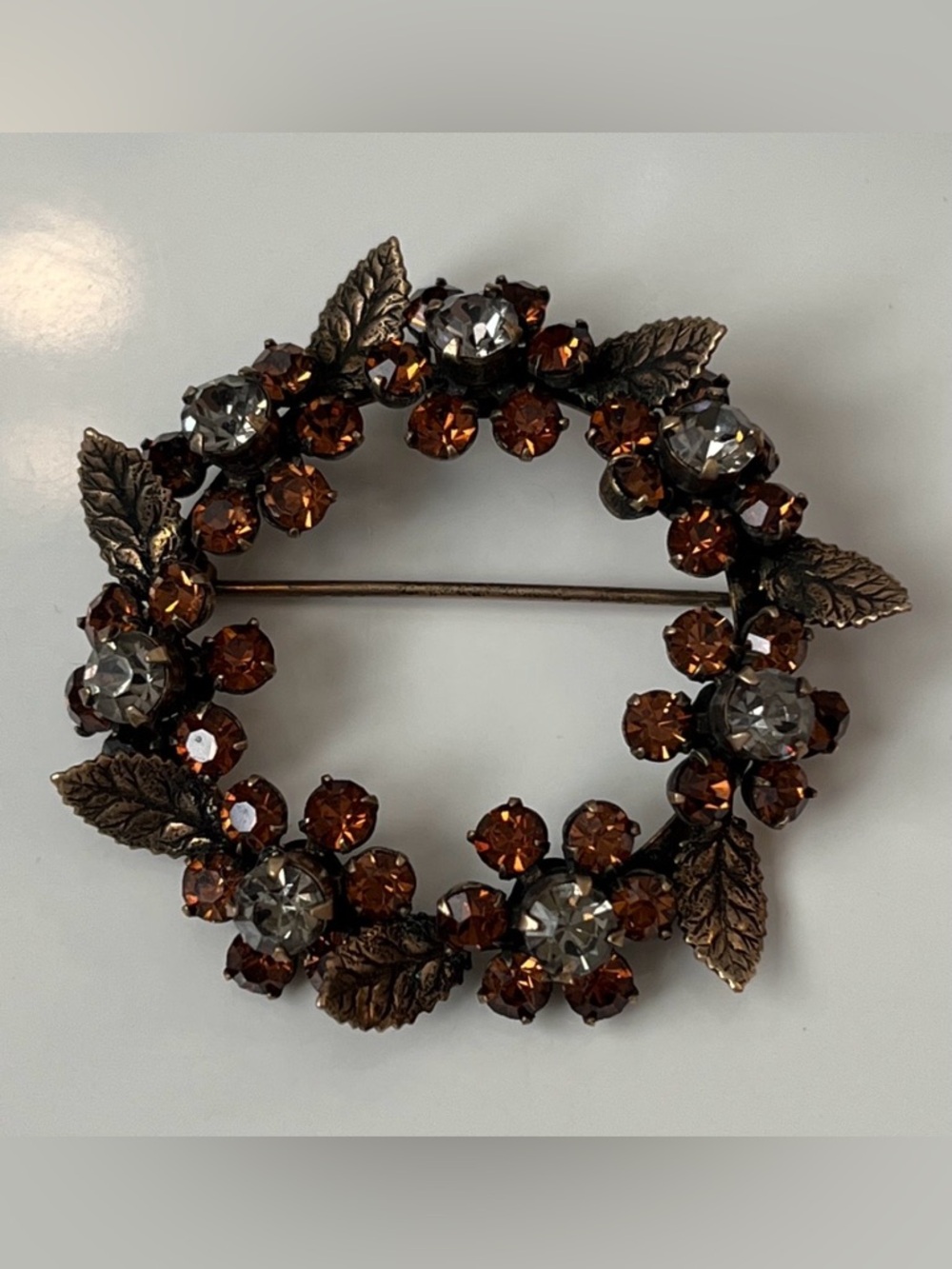 Vintage Brown and Silver Rhinestone Wreath Leaf Brooch